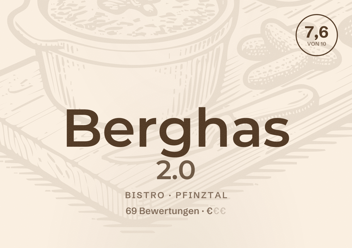 Illustriertes Poster von Berghas 2.0, Bistro in Pfinztal: Bewertung 7,6 von 10 aus 69 Bewertungen, Preisniveau €