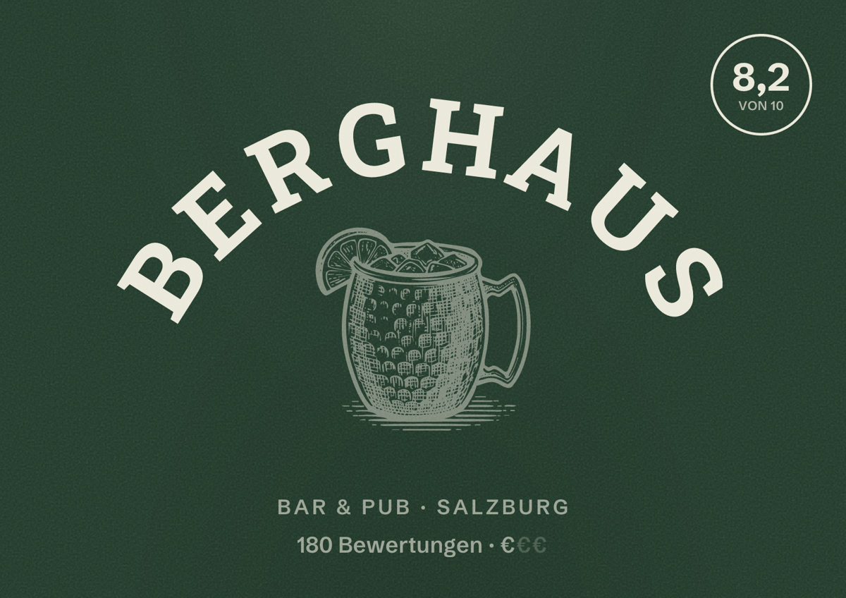 Illustriertes Poster von Berghaus, Bar & Pub in Salzburg: Bewertung 8,2 von 10 aus 180 Bewertungen, Preisniveau €