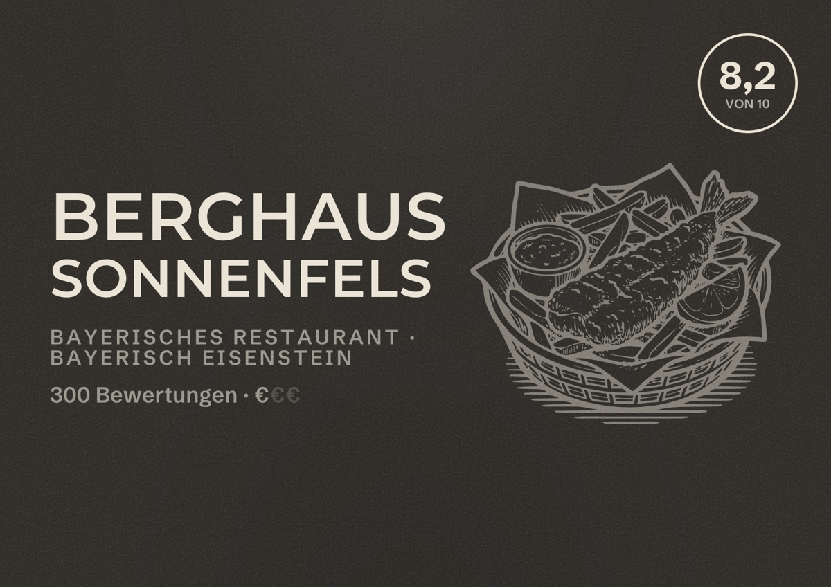 Illustriertes Poster von Berghaus Sonnenfels, Bayerisches Restaurant in Bayerisch Eisenstein: Bewertung 8,2 von 10 aus 300 Bewertungen, Preisniveau €