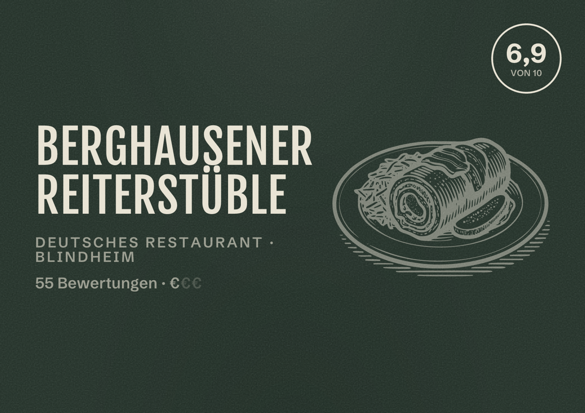 Illustriertes Poster von Berghausener Reiterstüble, Deutsches Restaurant in Blindheim: Bewertung 6,9 von 10 aus 55 Bewertungen, Preisniveau €