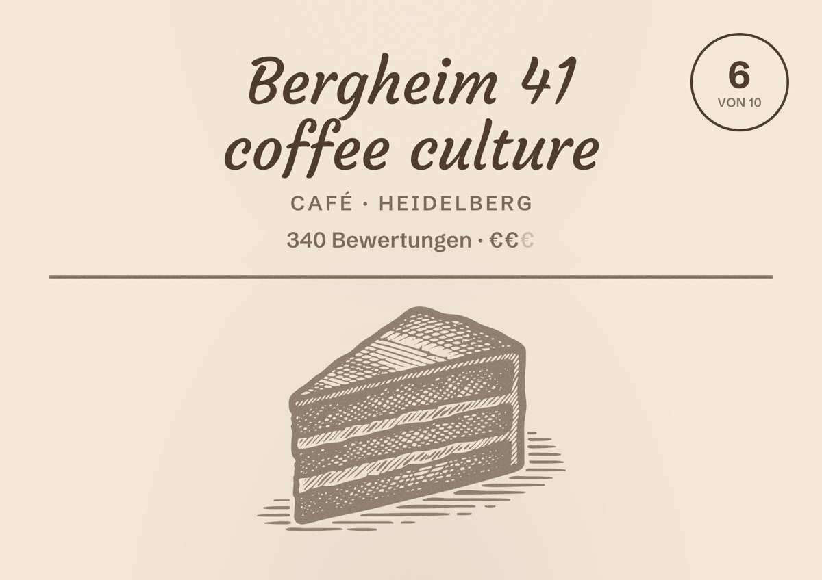 Illustriertes Poster von Bergheim 41 coffee culture, Café in Heidelberg: Bewertung 6,0 von 10 aus 340 Bewertungen, Preisniveau €€
