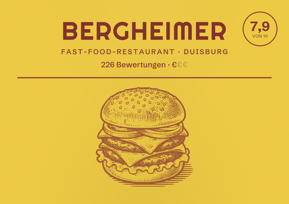 Illustriertes Poster von Bergheimer, Fast-Food-Restaurant in Duisburg: Bewertung 7,9 von 10 aus 226 Bewertungen, Preisniveau €