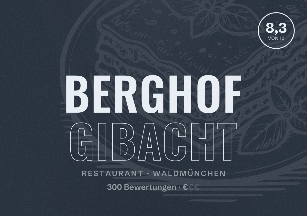 Illustriertes Poster von Berghof Gibacht, Restaurant in Waldmünchen: Bewertung 8,3 von 10 aus 300 Bewertungen, Preisniveau €