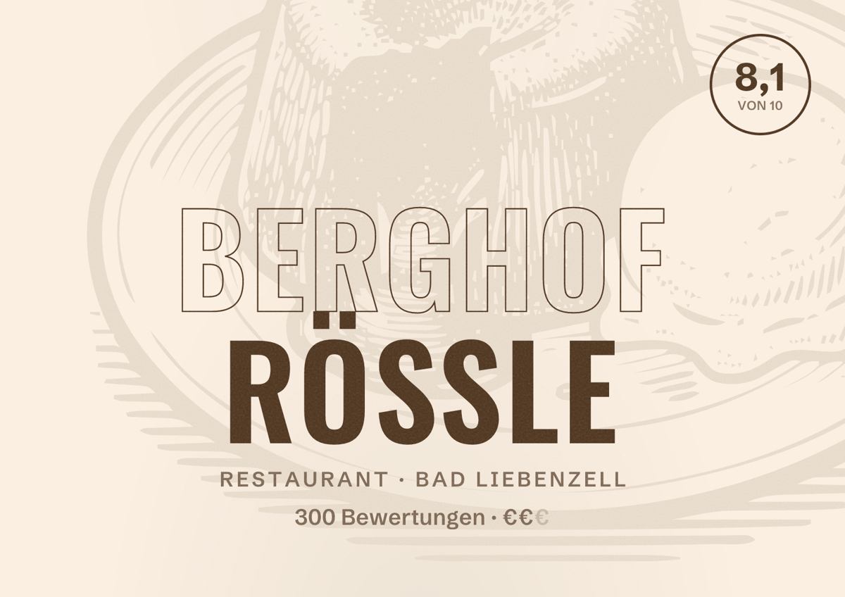 Illustriertes Poster von Berghof Rössle, Restaurant in Bad Liebenzell: Bewertung 8,1 von 10 aus 300 Bewertungen, Preisniveau €€