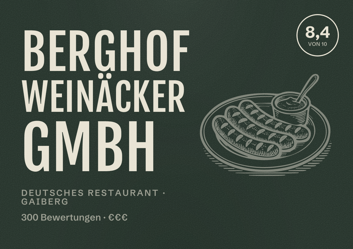 Illustriertes Poster von Berghof Weinäcker GmbH, Deutsches Restaurant in Gaiberg: Bewertung 8,4 von 10 aus 300 Bewertungen, Preisniveau €€€