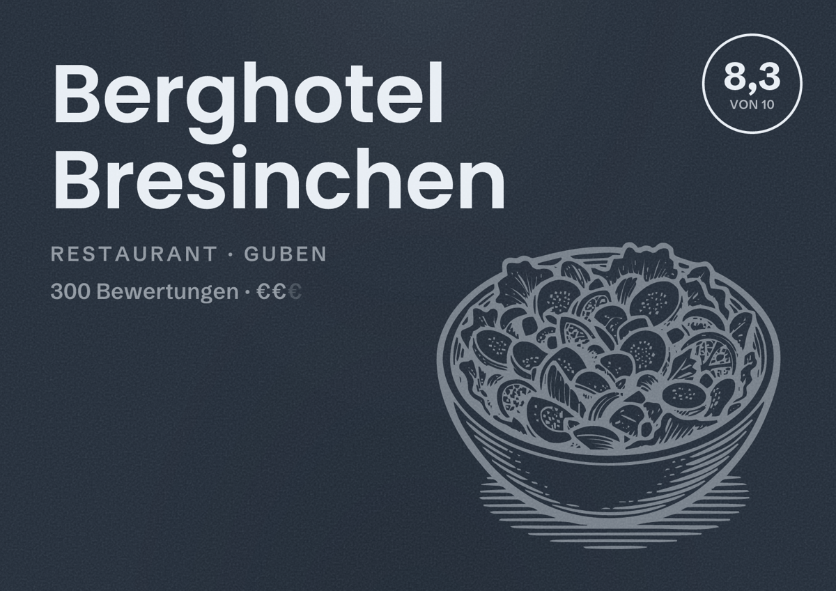 Illustriertes Poster von Berghotel Bresinchen, Restaurant in Guben: Bewertung 8,3 von 10 aus 300 Bewertungen, Preisniveau €€