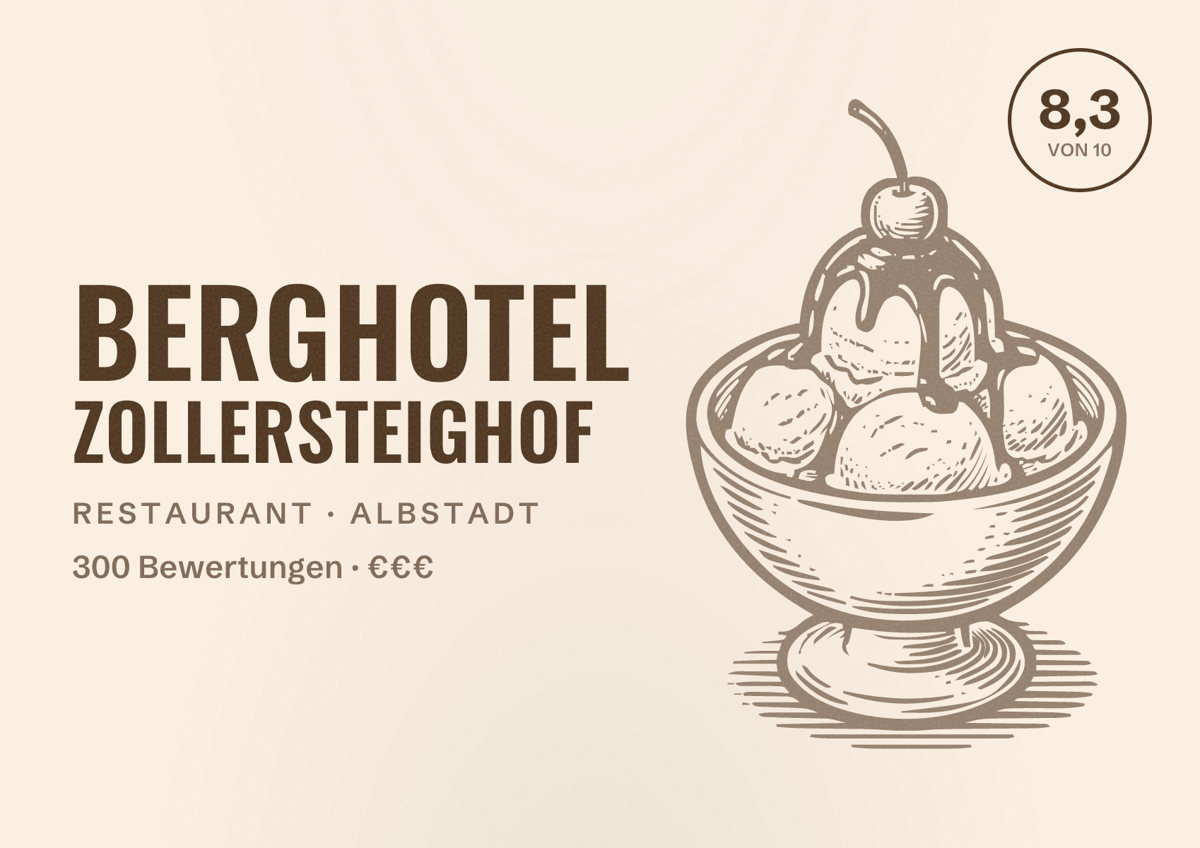 Illustriertes Poster von Berghotel Zollersteighof, Restaurant in Albstadt: Bewertung 8,3 von 10 aus 300 Bewertungen, Preisniveau €€€
