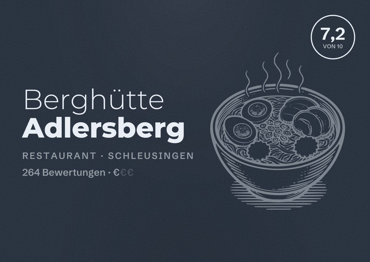 Illustriertes Poster von Berghütte Adlersberg, Restaurant in Schleusingen: Bewertung 7,2 von 10 aus 264 Bewertungen, Preisniveau €