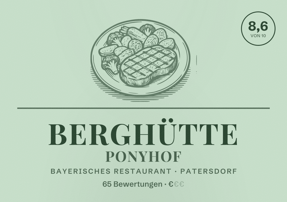 Illustriertes Poster von Berghütte Ponyhof, Bayerisches Restaurant in Patersdorf: Bewertung 8,6 von 10 aus 65 Bewertungen, Preisniveau €