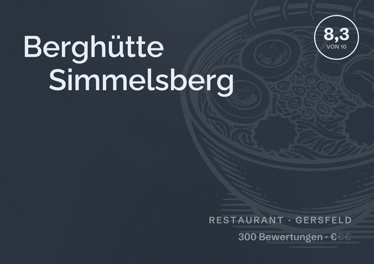 Illustriertes Poster von Berghütte Simmelsberg, Restaurant in Gersfeld: Bewertung 8,3 von 10 aus 300 Bewertungen, Preisniveau €