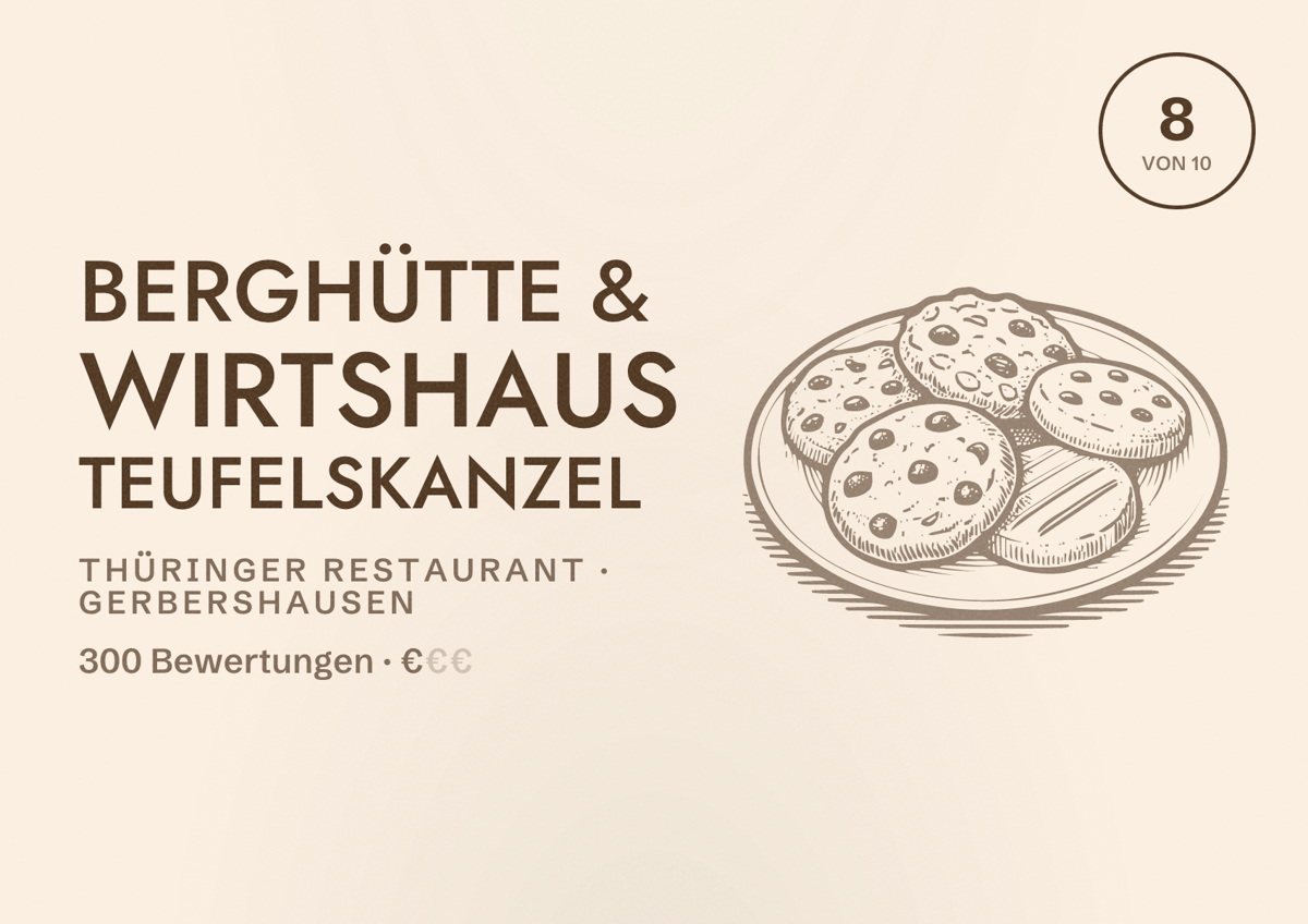 Illustriertes Poster von Berghütte & Wirtshaus Teufelskanzel, Thüringer Restaurant in Gerbershausen: Bewertung 8 von 10 aus 300 Bewertungen, Preisniveau €