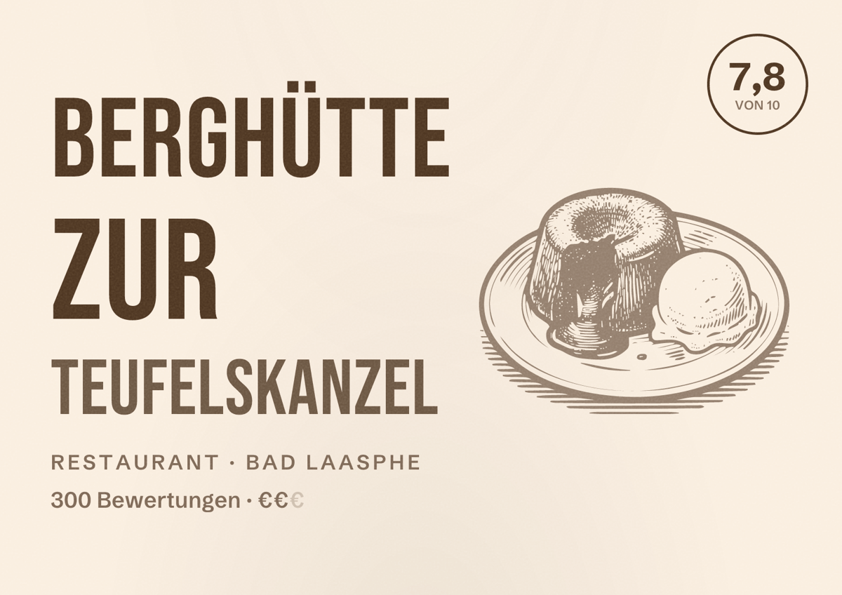 Illustriertes Poster von Berghütte zur Teufelskanzel, Restaurant in Bad Laasphe: Bewertung 7,8 von 10 aus 300 Bewertungen, Preisniveau €€