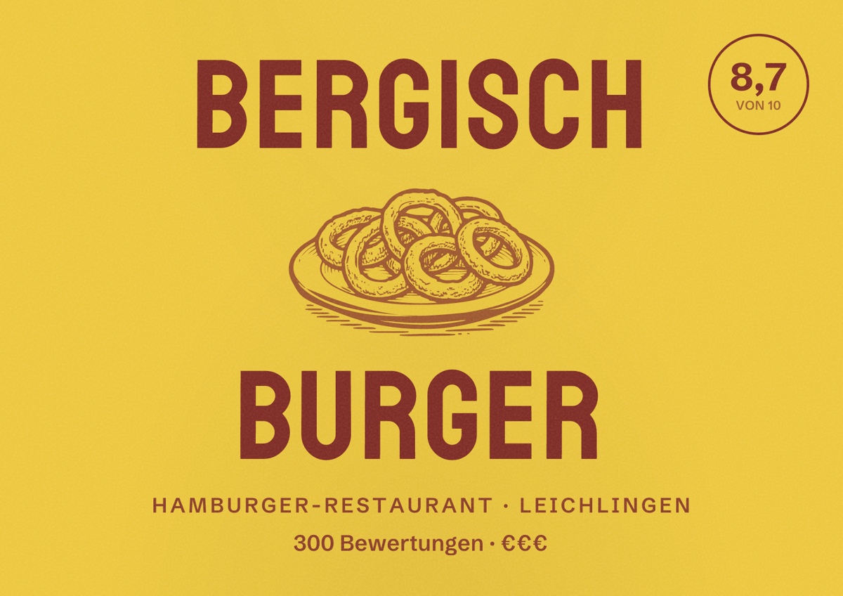Illustriertes Poster von Bergisch Burger, Hamburger-Restaurant in Leichlingen: Bewertung 8,7 von 10 aus 300 Bewertungen, Preisniveau €€€