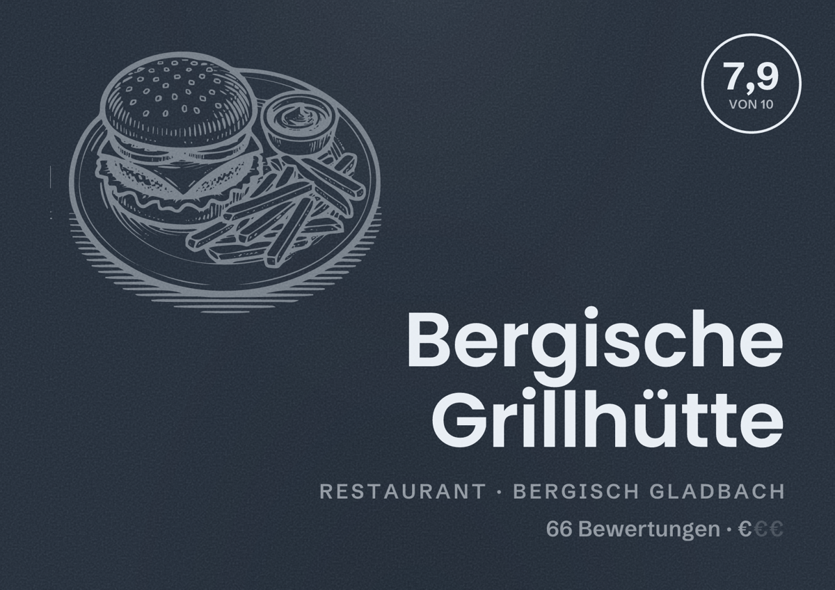 Illustriertes Poster von Bergische Grillhütte, Restaurant in Bergisch Gladbach: Bewertung 7,9 von 10 aus 66 Bewertungen, Preisniveau €