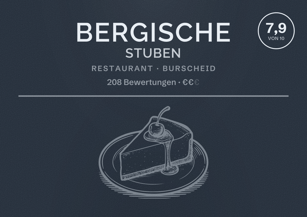 Illustriertes Poster von Bergische Stuben, Restaurant in Burscheid: Bewertung 7,9 von 10 aus 208 Bewertungen, Preisniveau €€