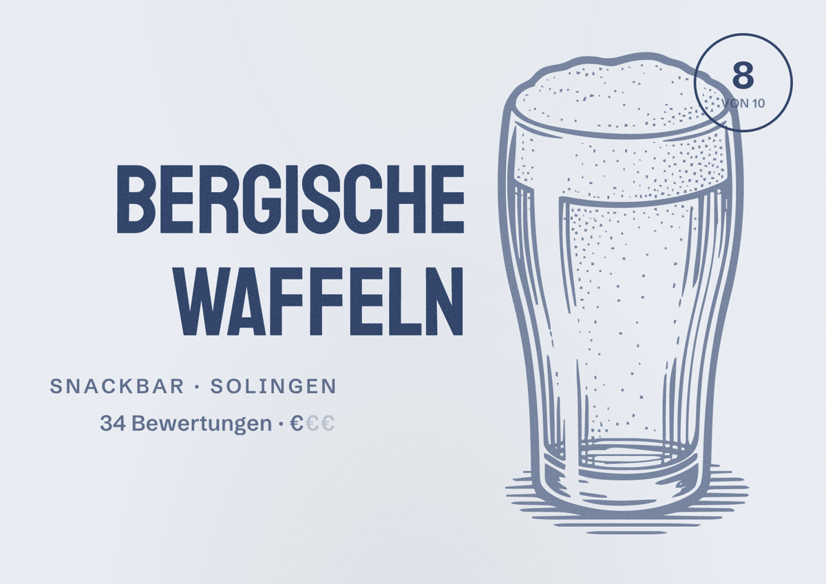 Illustriertes Poster von Bergische Waffeln, Snackbar in Solingen: Bewertung 8 von 10 aus 34 Bewertungen, Preisniveau €