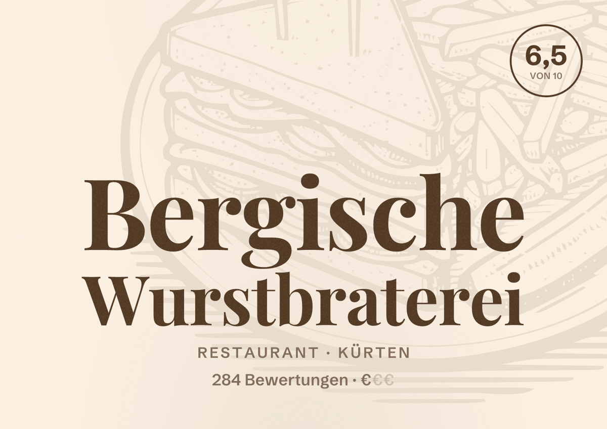 Illustriertes Poster von Bergische Wurstbraterei, Restaurant in Kürten: Bewertung 6,5 von 10 aus 284 Bewertungen, Preisniveau €