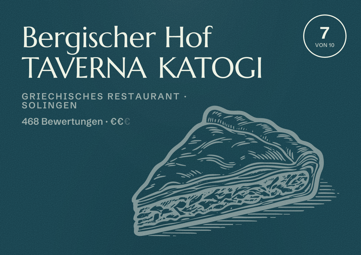 Illustriertes Poster von Bergischer Hof TAVERNA KATOGI, Griechisches Restaurant in Solingen: Bewertung 7 von 10 aus 468 Bewertungen, Preisniveau €€