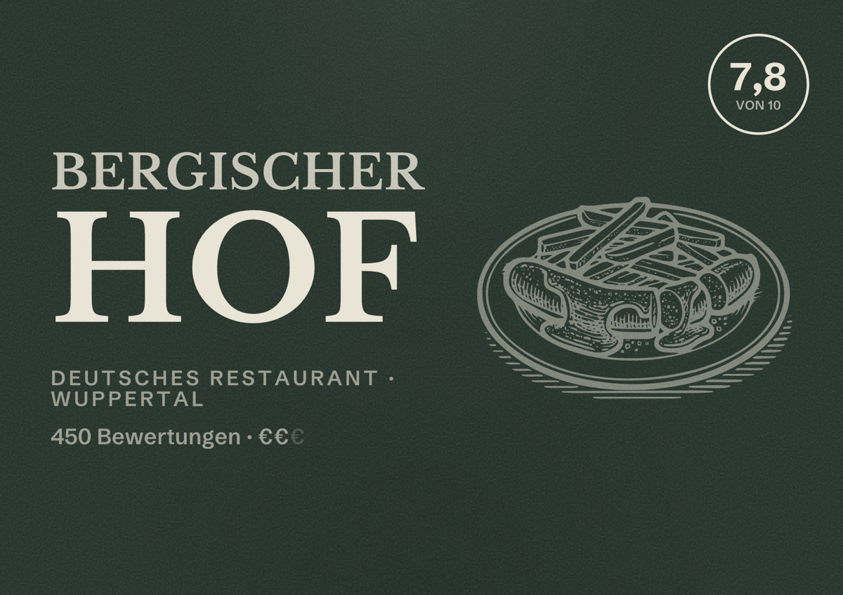 Illustriertes Poster von Bergischer Hof, Deutsches Restaurant in Wuppertal: Bewertung 7,8 von 10 aus 450 Bewertungen, Preisniveau €€
