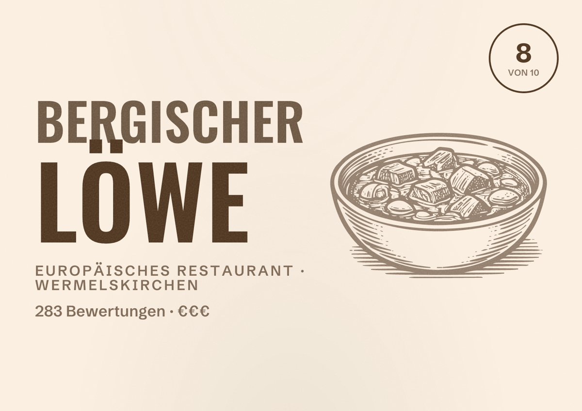 Illustriertes Poster von Bergischer Löwe, Europäisches Restaurant in Wermelskirchen: Bewertung 8 von 10 aus 283 Bewertungen, Preisniveau €€€