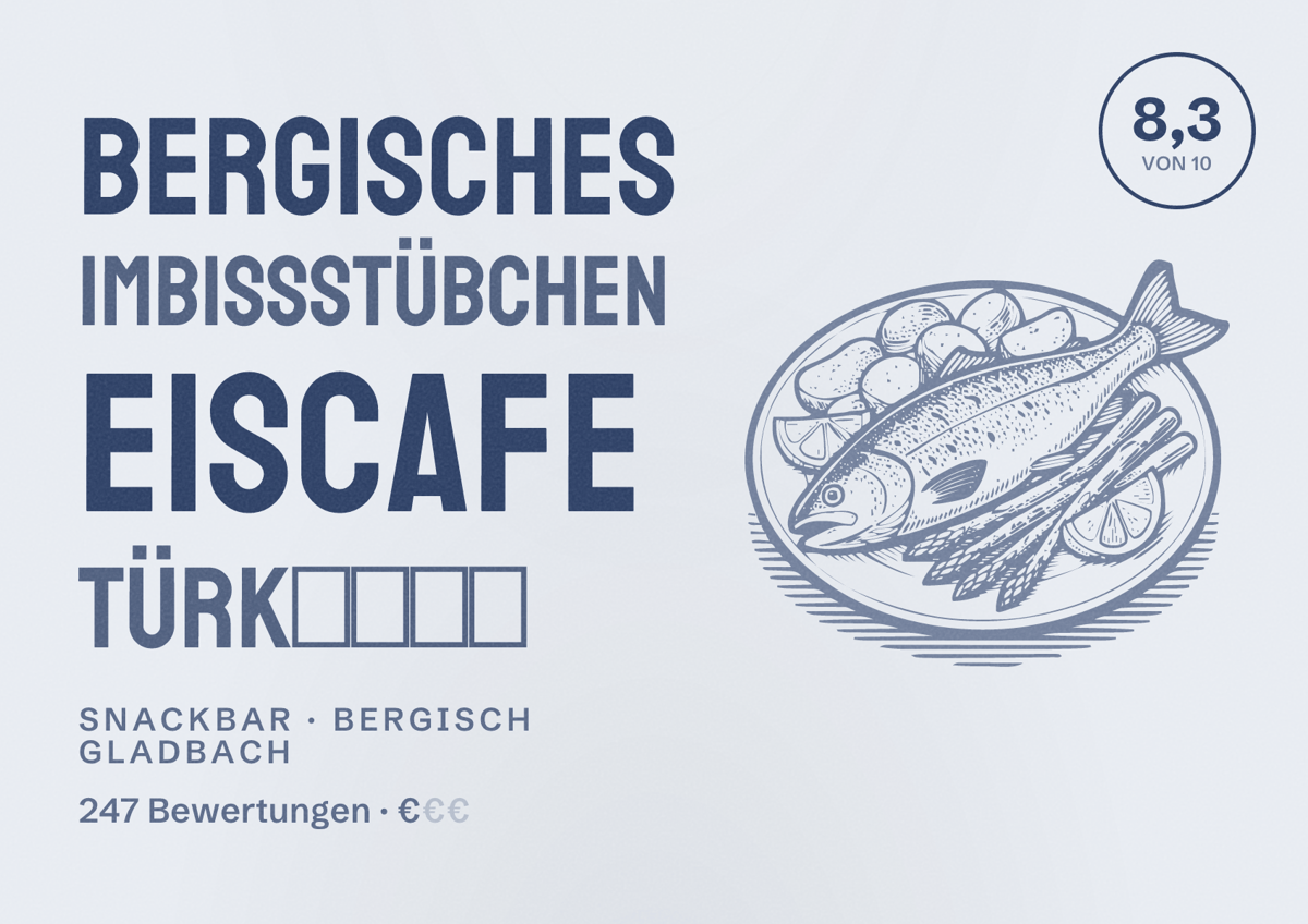 Illustriertes Poster von Bergisches Imbissstübchen Eiscafe Türk🍦🍨🍧🍡, Snackbar in Bergisch Gladbach: Bewertung 8,3 von 10 aus 247 Bewertungen, Preisniveau €