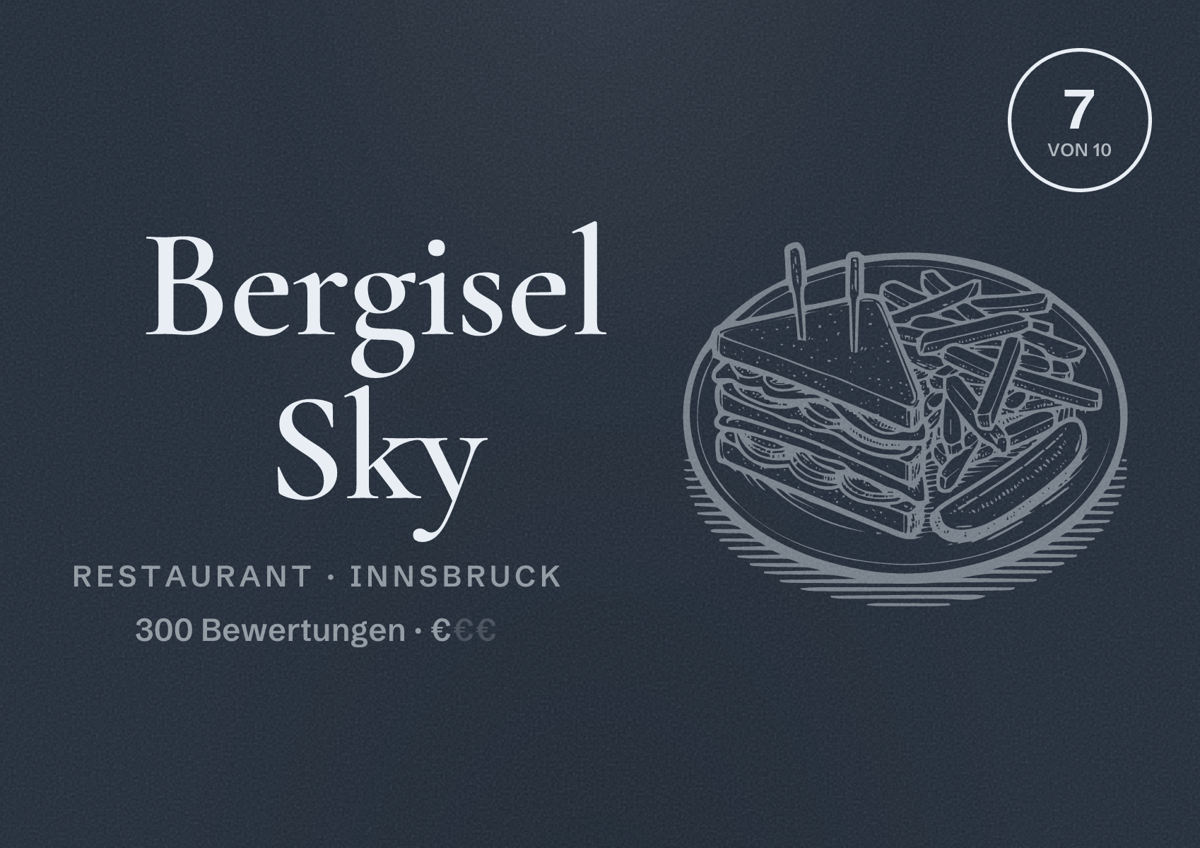 Illustriertes Poster von Bergisel Sky, Restaurant in Innsbruck: Bewertung 7 von 10 aus 300 Bewertungen, Preisniveau €