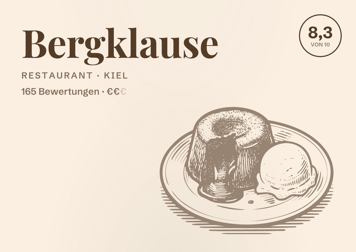 Illustriertes Poster von Bergklause, Restaurant in Kiel: Bewertung 8,3 von 10 aus 165 Bewertungen, Preisniveau €€