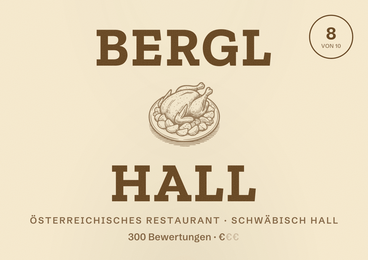 Illustriertes Poster von Bergl Hall, Österreichisches Restaurant in Schwäbisch Hall: Bewertung 8 von 10 aus 300 Bewertungen, Preisniveau €