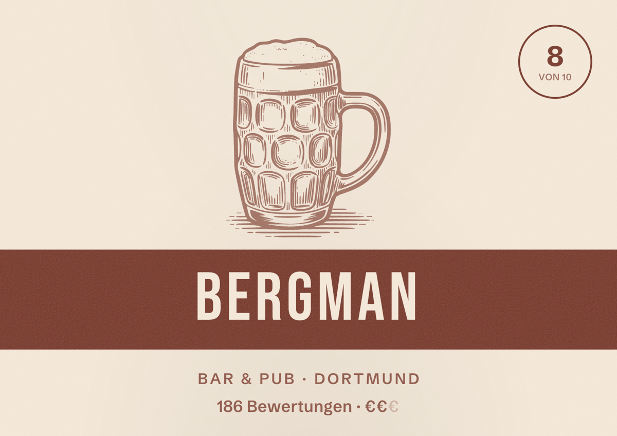 Illustriertes Poster von Bergman, Bar & Pub in Dortmund: Bewertung 8 von 10 aus 186 Bewertungen, Preisniveau €€