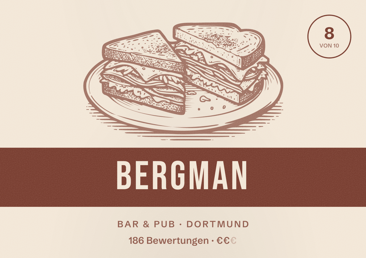 Illustriertes Poster von Bergman, Bar & Pub in Dortmund: Bewertung 8 von 10 aus 186 Bewertungen, Preisniveau €€