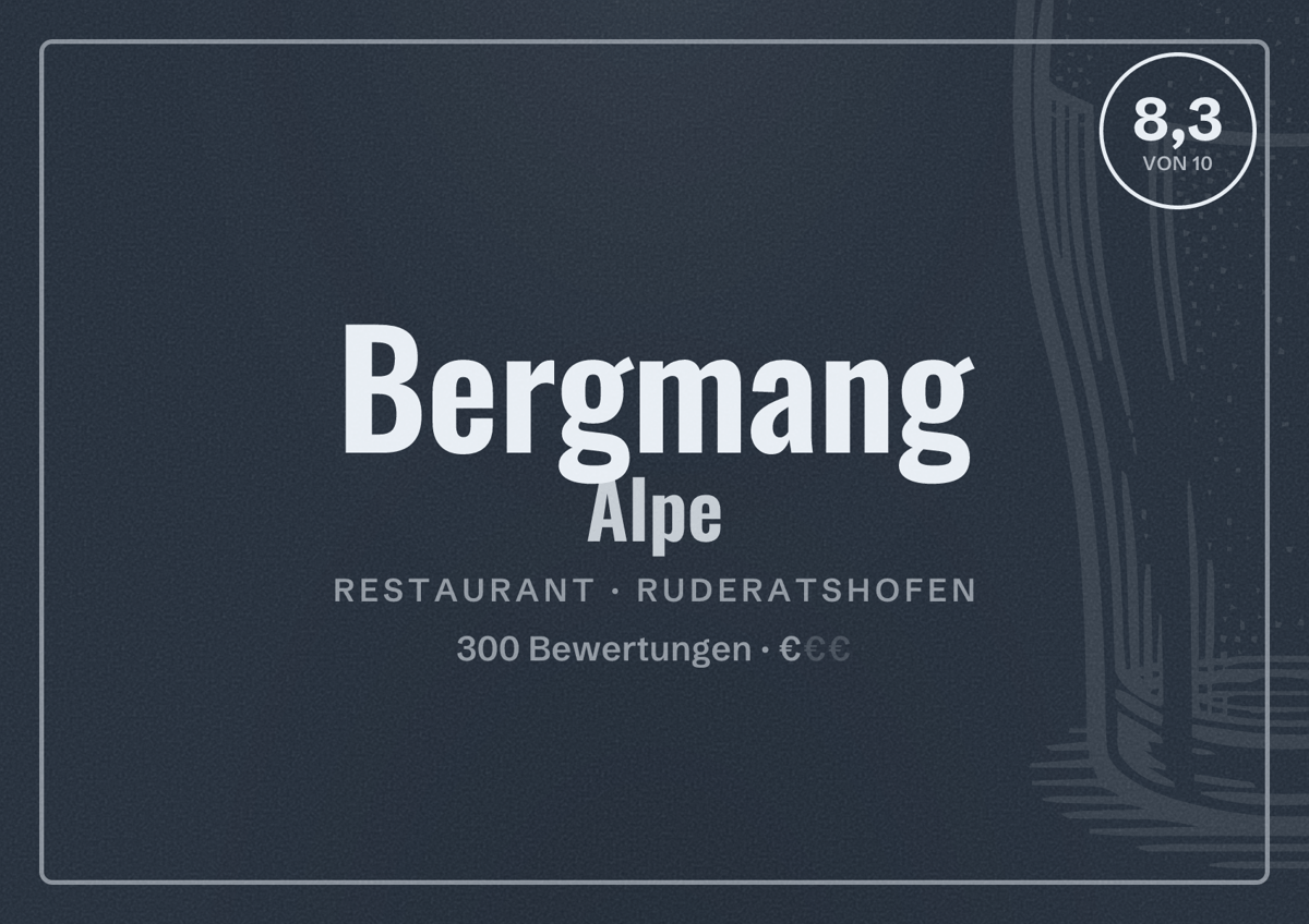 Illustriertes Poster von Bergmang Alpe, Restaurant in Ruderatshofen: Bewertung 8,3 von 10 aus 300 Bewertungen, Preisniveau €