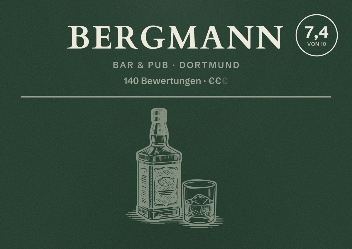 Illustriertes Poster von Bergmann, Bar & Pub in Dortmund: Bewertung 7,4 von 10 aus 140 Bewertungen, Preisniveau €€