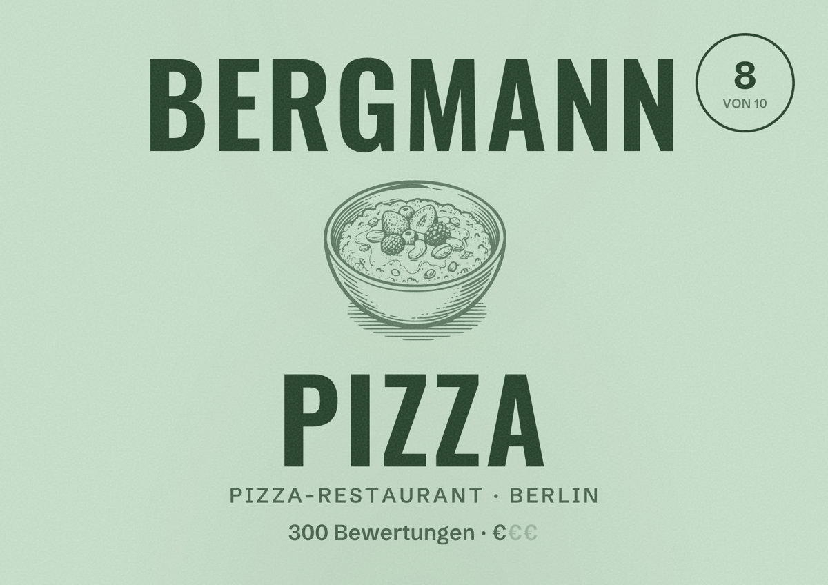 Illustriertes Poster von Bergmann Pizza, Pizza-Restaurant in Berlin: Bewertung 8,0 von 10 aus 300 Bewertungen, Preisniveau €