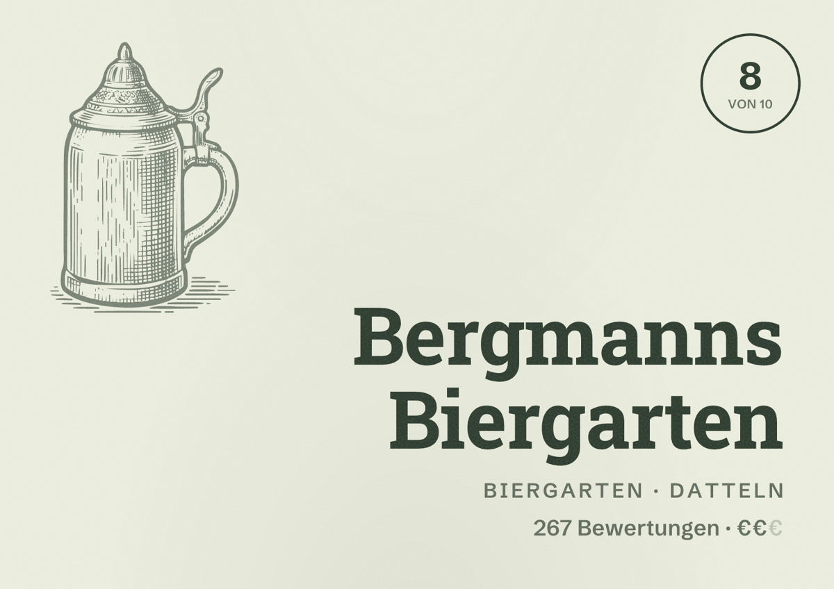 Illustriertes Poster von Bergmanns Biergarten, Biergarten in Datteln: Bewertung 8 von 10 aus 267 Bewertungen, Preisniveau €€