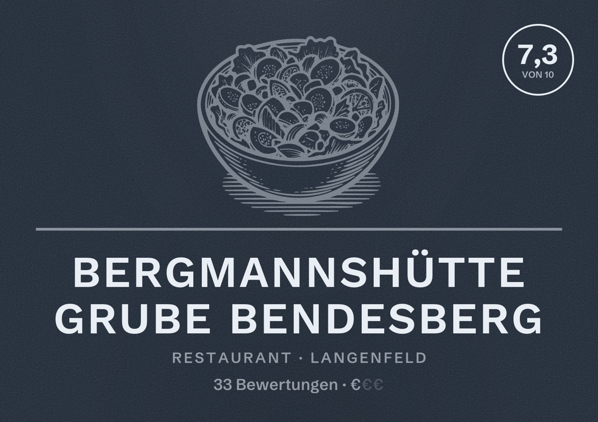Illustriertes Poster von Bergmannshütte Grube Bendesberg, Restaurant in Langenfeld: Bewertung 7,3 von 10 aus 33 Bewertungen, Preisniveau €