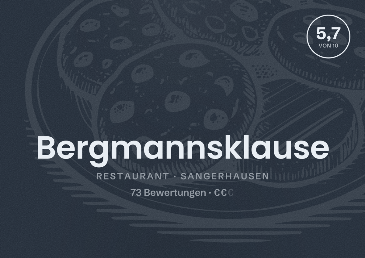Illustriertes Poster von Bergmannsklause, Restaurant in Sangerhausen: Bewertung 5,7 von 10 aus 73 Bewertungen, Preisniveau €€