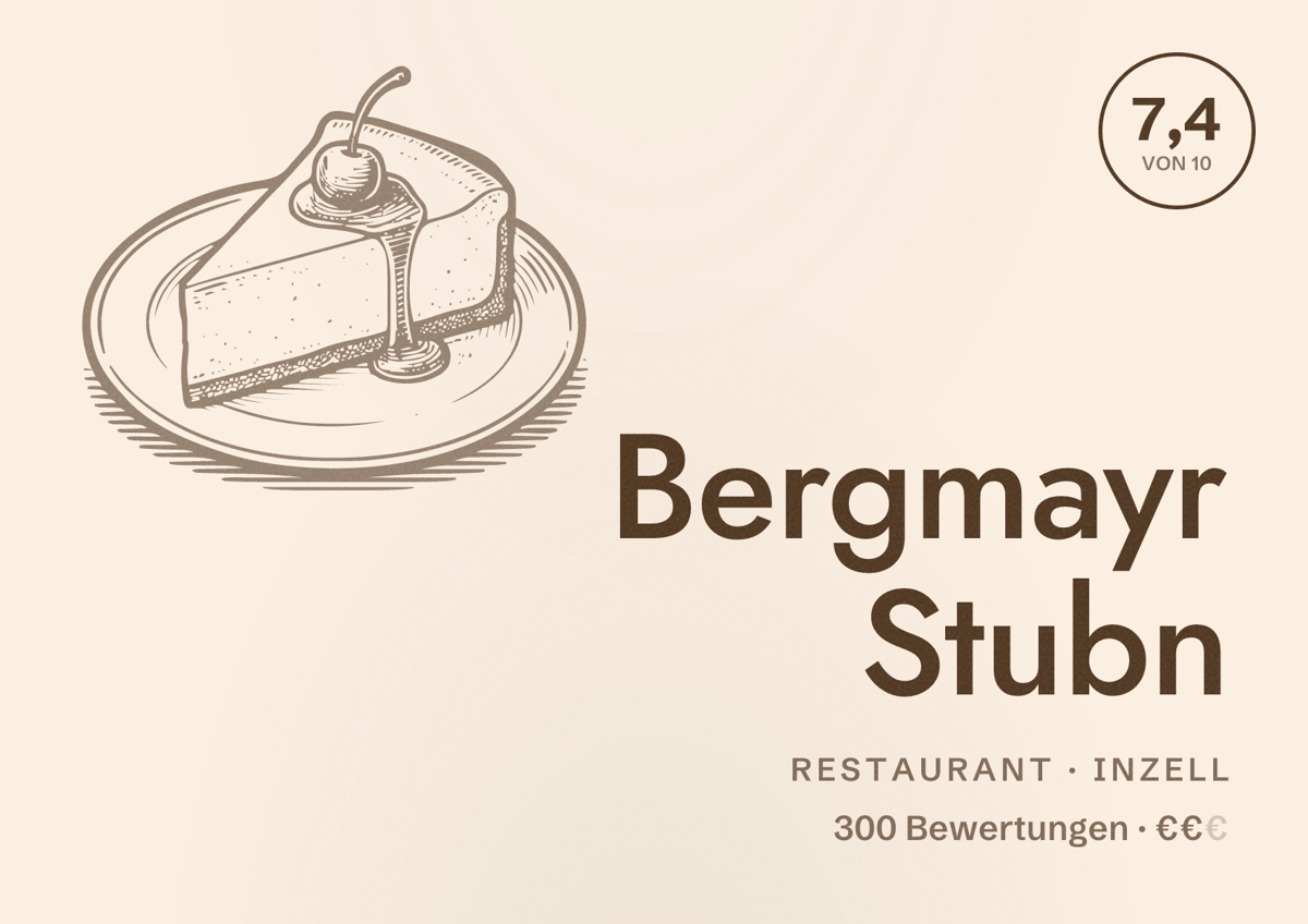 Illustriertes Poster von Bergmayr Stubn, Restaurant in Inzell: Bewertung 7,4 von 10 aus 300 Bewertungen, Preisniveau €€