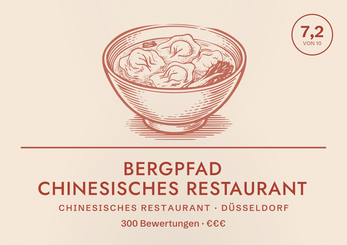 Illustriertes Poster von Bergpfad Chinesisches Restaurant, Chinesisches Restaurant in Düsseldorf: Bewertung 7,2 von 10 aus 300 Bewertungen, Preisniveau €€€