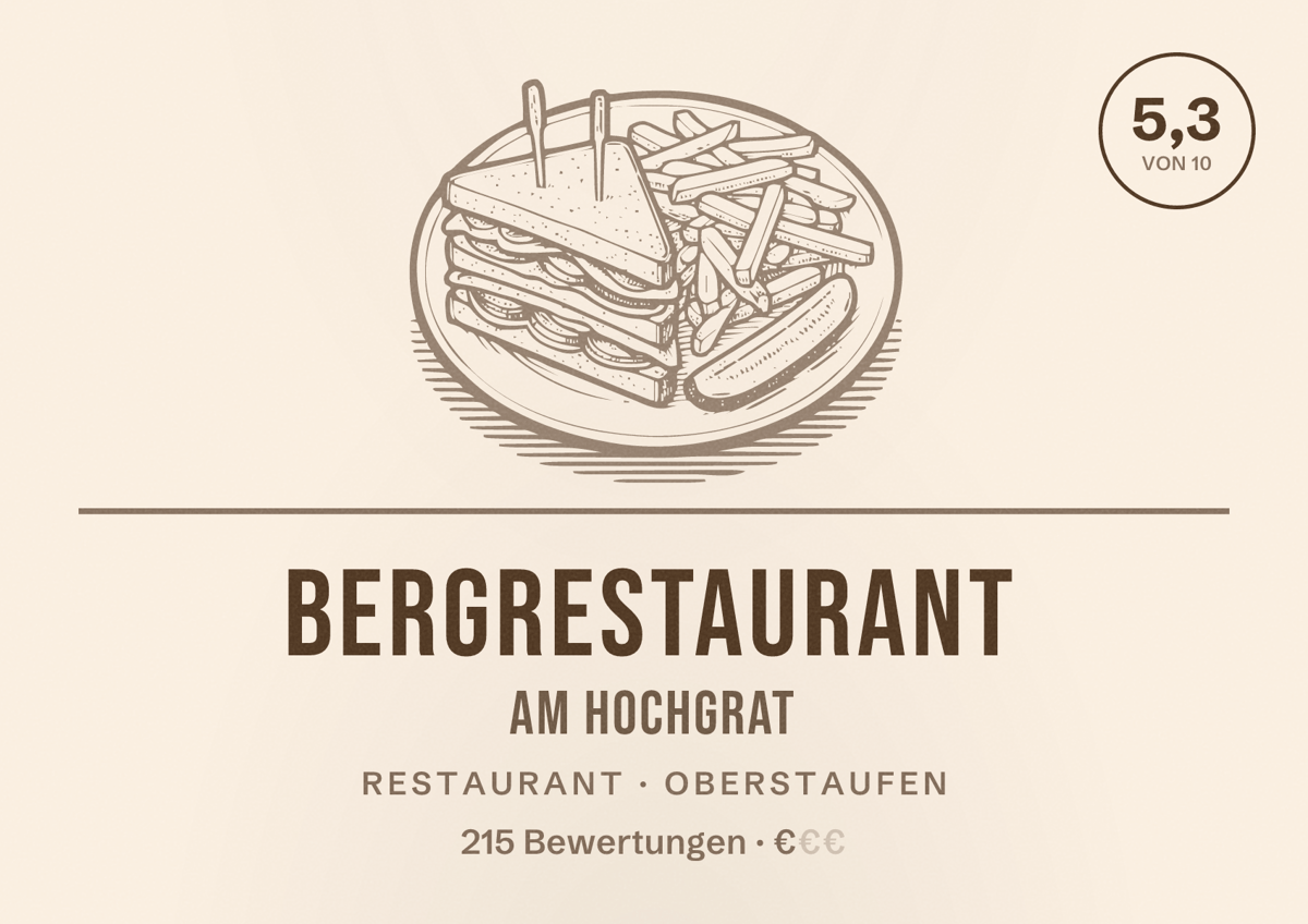 Illustriertes Poster von Bergrestaurant am Hochgrat, Restaurant in Oberstaufen: Bewertung 5,3 von 10 aus 215 Bewertungen, Preisniveau €