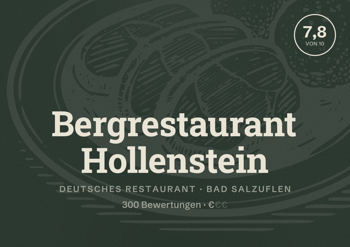 Illustriertes Poster von Bergrestaurant Hollenstein, Deutsches Restaurant in Bad Salzuflen: Bewertung 7,8 von 10 aus 300 Bewertungen, Preisniveau €