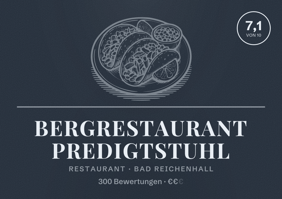 Illustriertes Poster von Bergrestaurant Predigtstuhl, Restaurant in Bad Reichenhall: Bewertung 7,1 von 10 aus 300 Bewertungen, Preisniveau €€
