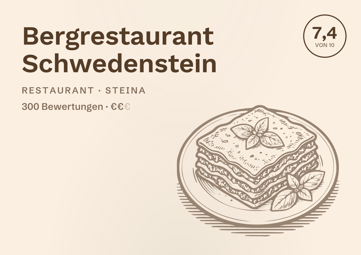 Illustriertes Poster von Bergrestaurant Schwedenstein, Restaurant in Steina: Bewertung 7,4 von 10 aus 300 Bewertungen, Preisniveau €€