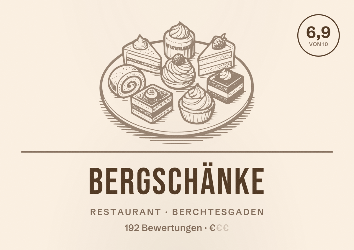 Illustriertes Poster von Bergschänke, Restaurant in Berchtesgaden: Bewertung 6,9 von 10 aus 192 Bewertungen, Preisniveau €