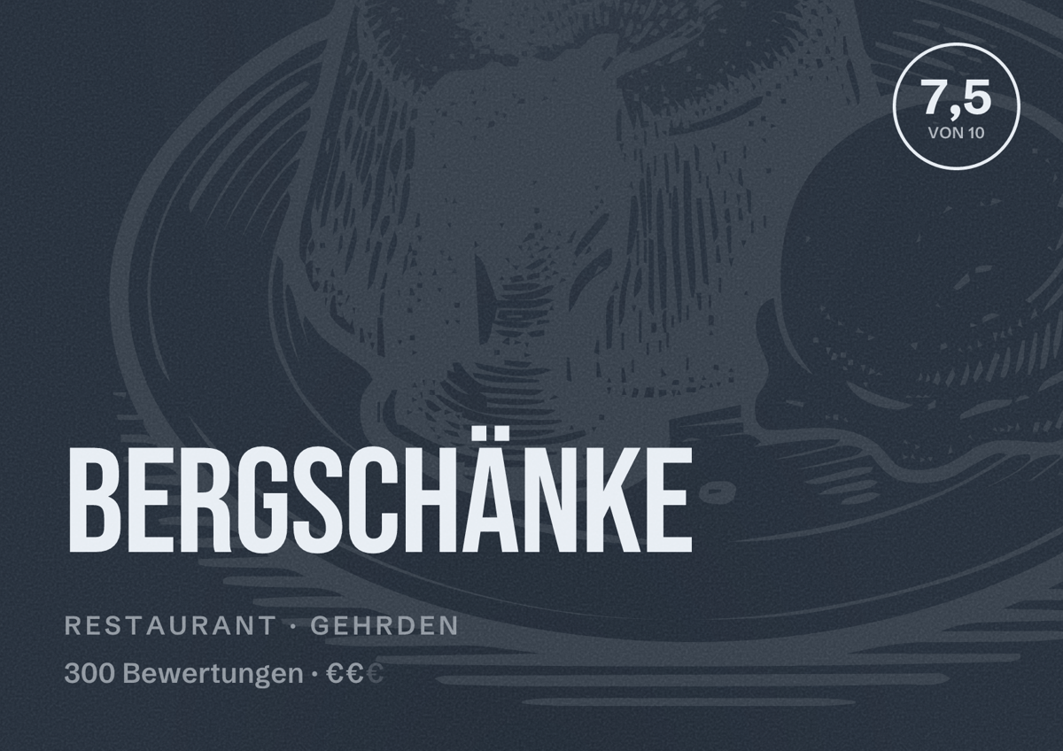 Illustriertes Poster von Bergschänke, Restaurant in Gehrden: Bewertung 7,5 von 10 aus 300 Bewertungen, Preisniveau €€