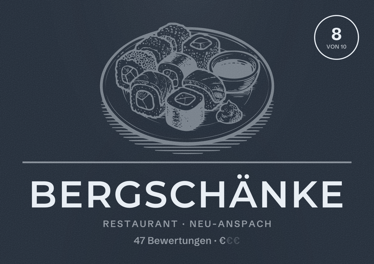 Illustriertes Poster von Bergschänke, Restaurant in Neu-Anspach: Bewertung 8 von 10 aus 47 Bewertungen, Preisniveau €