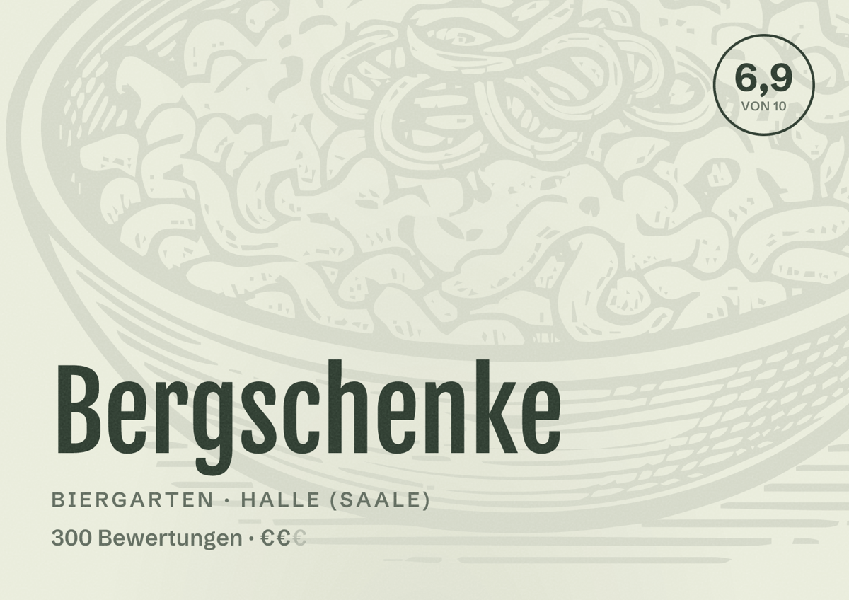 Illustriertes Poster von Bergschenke, Biergarten in Halle (Saale): Bewertung 6,9 von 10 aus 300 Bewertungen, Preisniveau €€