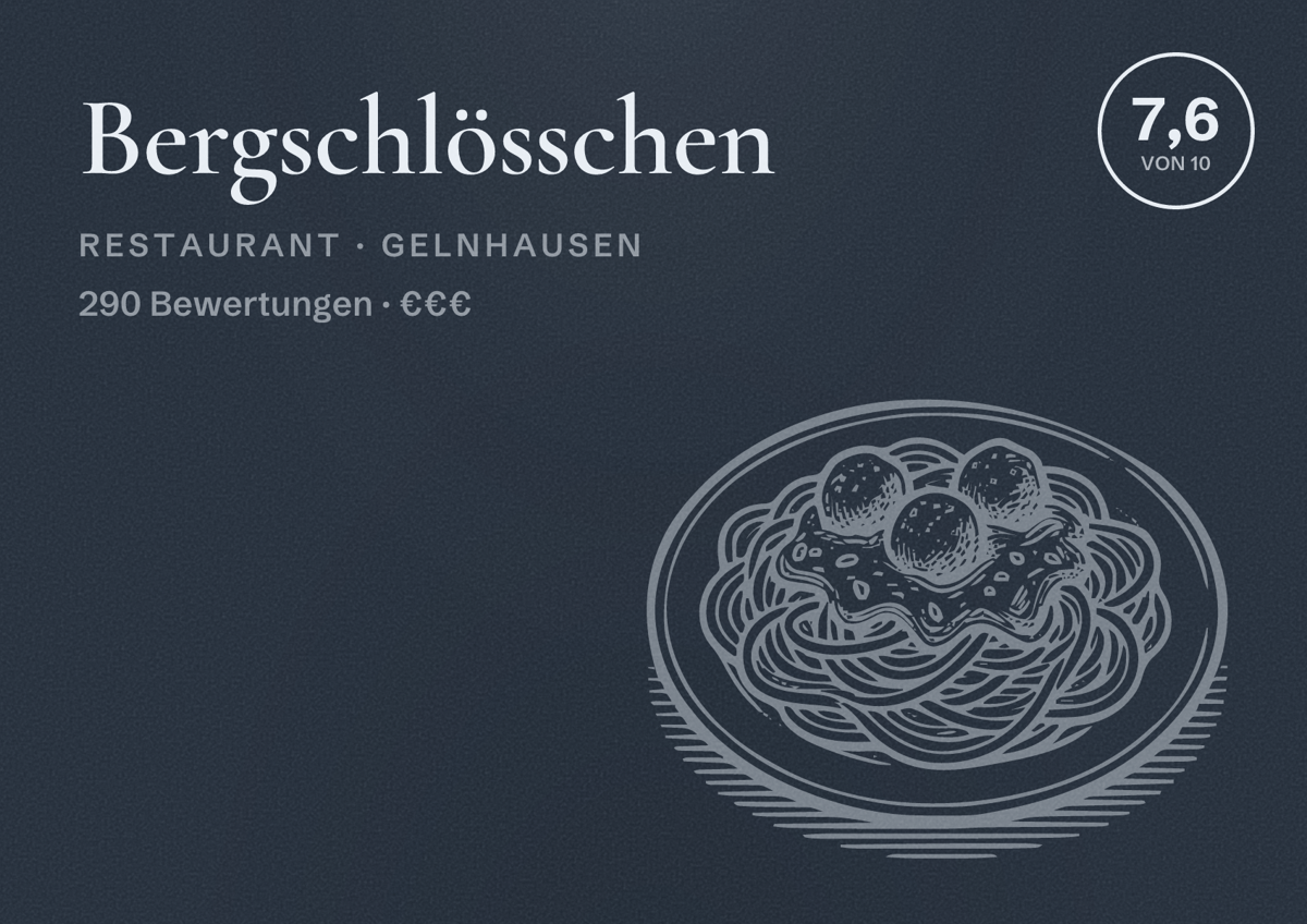 Illustriertes Poster von Bergschlösschen, Restaurant in Gelnhausen: Bewertung 7,6 von 10 aus 290 Bewertungen, Preisniveau €€€