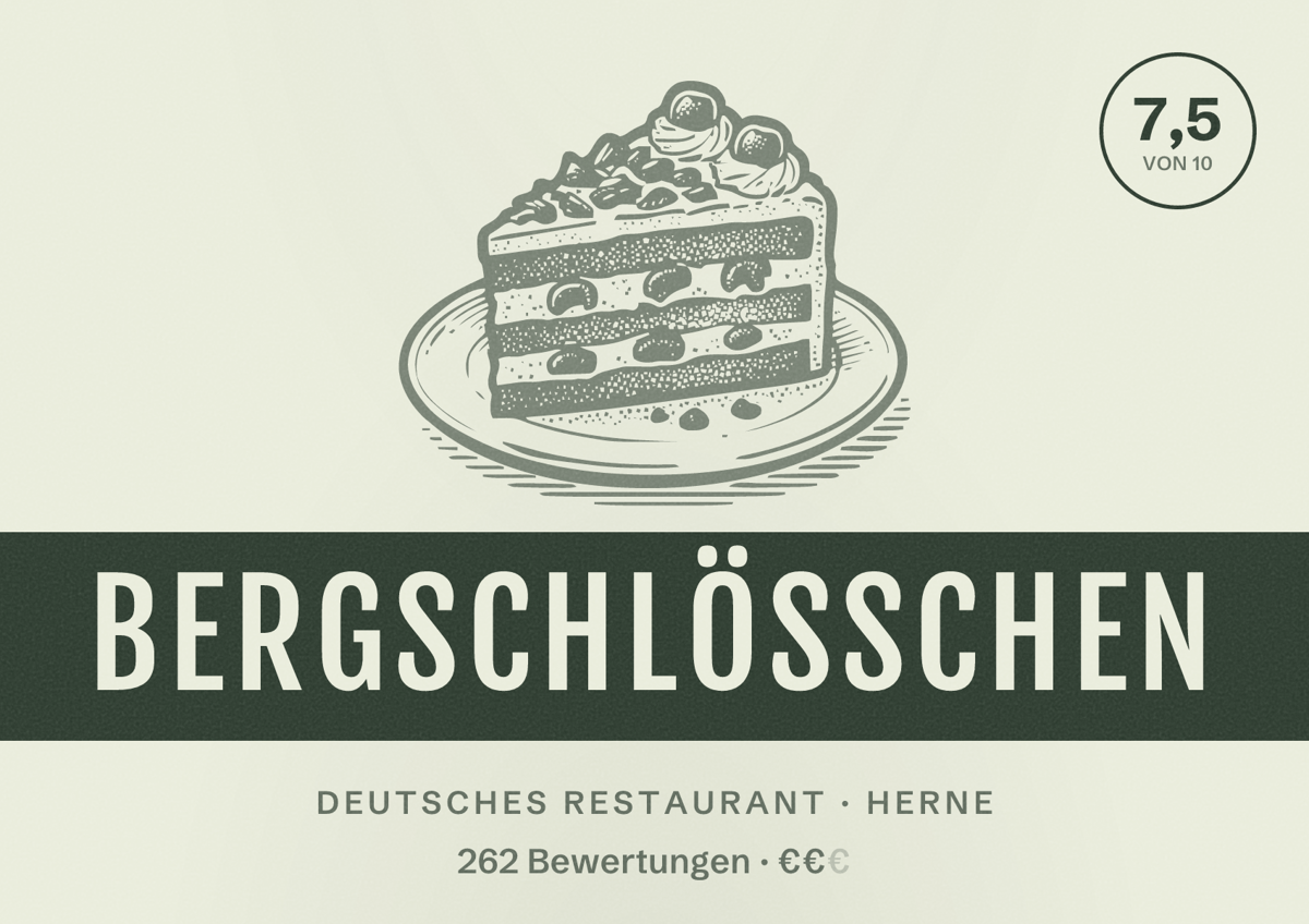 Illustriertes Poster von Bergschlößchen, Deutsches Restaurant in Herne: Bewertung 7,5 von 10 aus 262 Bewertungen, Preisniveau €€