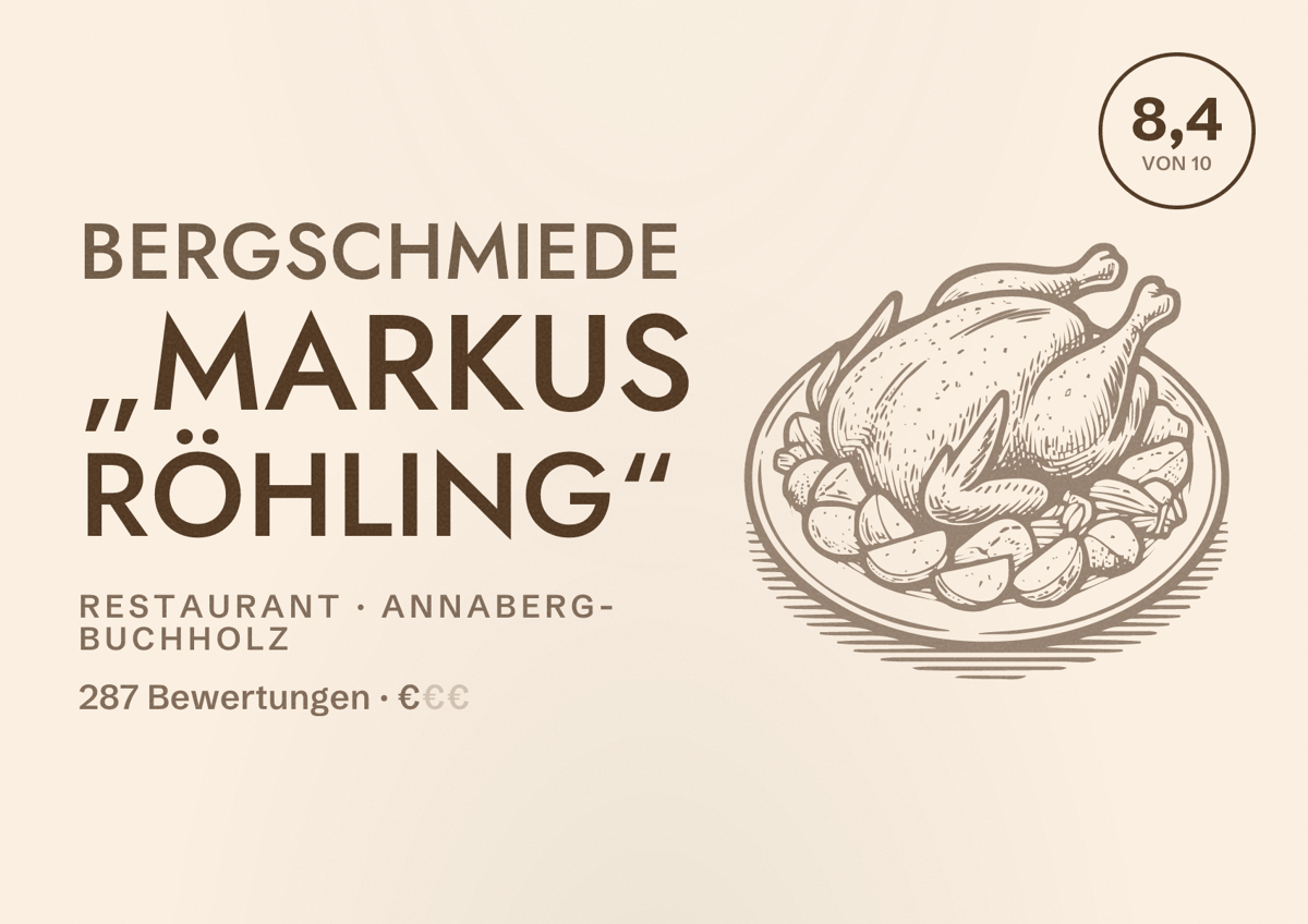 Illustriertes Poster von Bergschmiede „Markus Röhling“, Restaurant in Annaberg-Buchholz: Bewertung 8,4 von 10 aus 287 Bewertungen, Preisniveau €