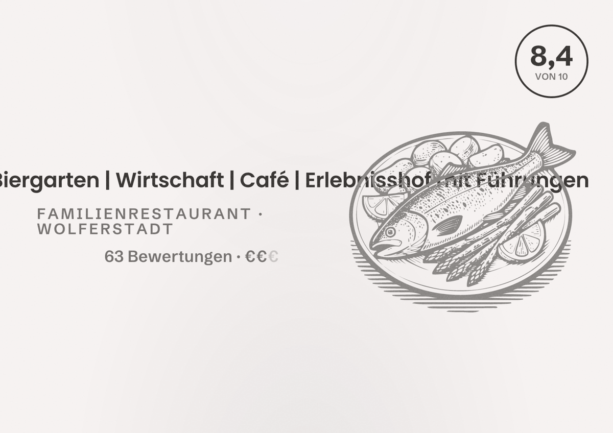 Illustriertes Poster von Bergschreinerhof | Biergarten | Wirtschaft | Café | Erlebnisshof mit Führungen, Familienrestaurant in Wolferstadt: Bewertung 8,4 von 10 aus 63 Bewertungen, Preisniveau €€